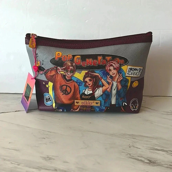 Nikky By Nicole Lee Cosmetic Pouch Bag Pop Generation Gray/Burgundy - Picture 1 of 8